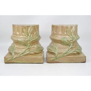 Antique Peters & Reed Zane Art Pottery Berry Leaf Column Floral Bookends 1900s